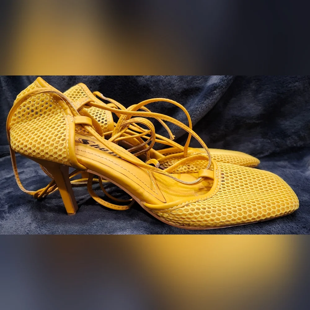 Shein Yellow Mesh Tie Around Ankle Heels Women's Size 6